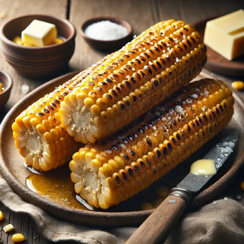 maïskolven barbecue knoflook Parmezaan op rustieke houten tafel met gesmolten boter en kruiden