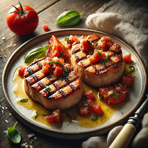 Gegrilde varkenskarbonade met Cranberry Salsa op rustieke houten tafel