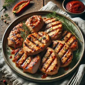 Gemarineerde kalkoentournedos met dille en paprika op rustieke houten tafel