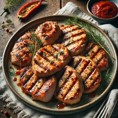 Gemarineerde kalkoentournedos met dille en paprika op rustieke houten tafel