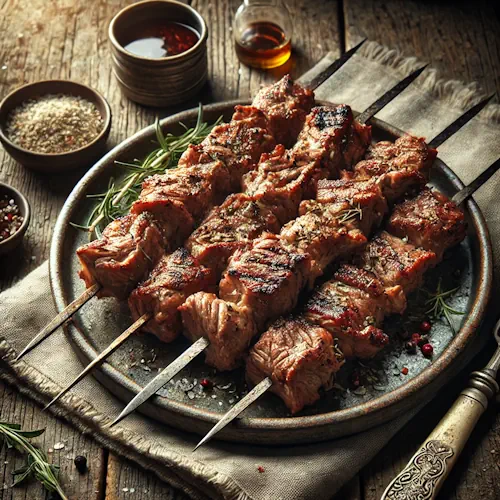 lamskebab barbecue marinade met kruiden op rustieke houten tafel
