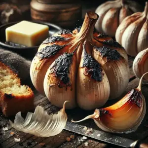 Geroosterde knoflook uit de as op een rustieke houten tafel.