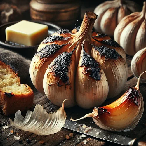 Geroosterde knoflook uit de as op een rustieke houten tafel.