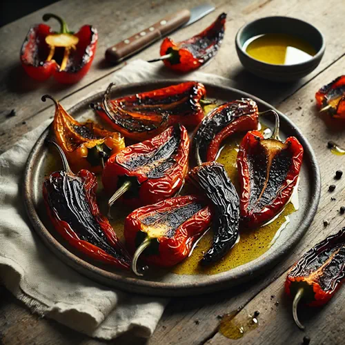 Geroosterde paprika barbecue op rustieke houten tafel