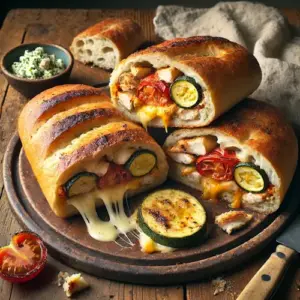 Gevuld barbecuebrood op rustieke houten tafel