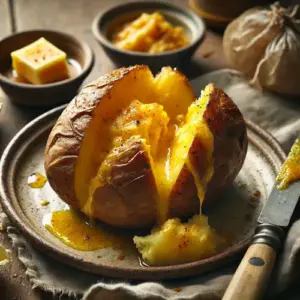 Gevulde aardappel met curryboter op rustieke houten tafel