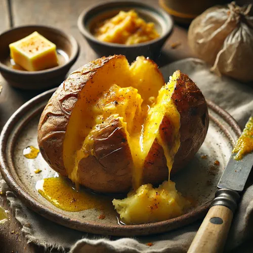 Gevulde aardappel met curryboter op rustieke houten tafel