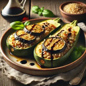 Gevulde balsamico-courgettes op rustieke houten tafel