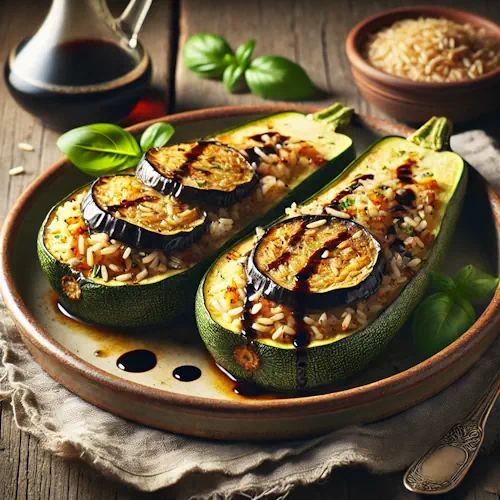 Gevulde balsamico-courgettes op rustieke houten tafel