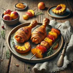 Gevulde kippenboutjes met fruitspies op een rustieke houten tafel