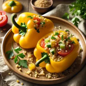Gevulde paprika's op rustieke houten tafel