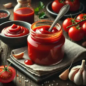 Home made ketchup op rustieke houten tafel