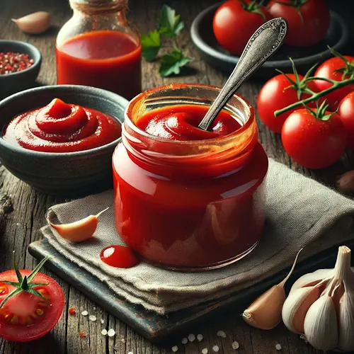 Home made ketchup op rustieke houten tafel