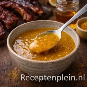 Honing Kerrie Spareribsaus voor de Barbecue op een rustieke houten tafel.