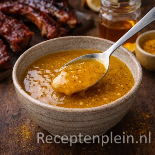 Honing Kerrie Spareribsaus voor de Barbecue op een rustieke houten tafel.