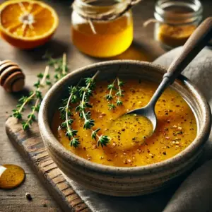 Honing mosterd marinade barbecue in kom met kruiden op rustieke houten tafel