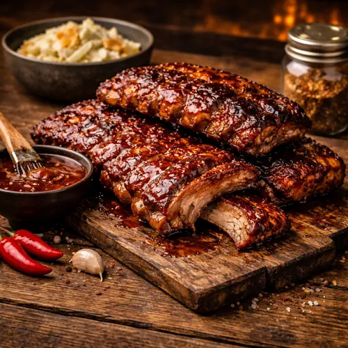 Honing varkensribbetjes barbecue op een rustieke houten tafel.