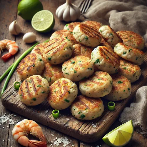 Javaanse vis garnalenkoekjes op een rustieke houten tafel met gegrilde koekjes