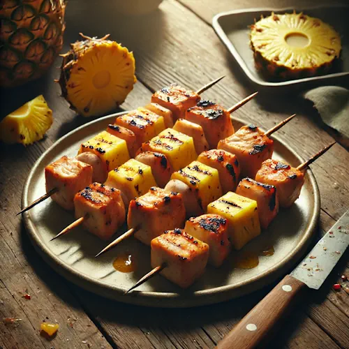 kalkoen spies barbecue met ananas op rustieke houten tafel met grillsporen en zomerse sfeer
