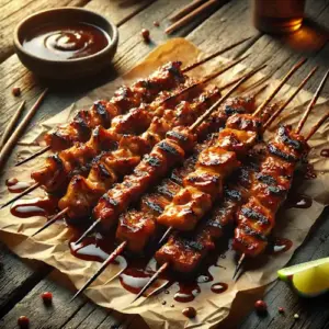 Kalkoensaté ketjapmarinade op een rustieke houten tafel met gegrilde spiesjes