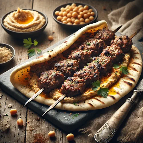 kebab pitabrood met gegrild vlees en hummus op rustieke houten tafel