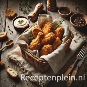 Kip in een mandje op rustieke houten tafel