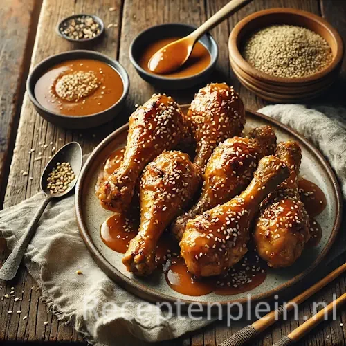 Chicken drumsticks with sesame satay sauce on rustic wooden table