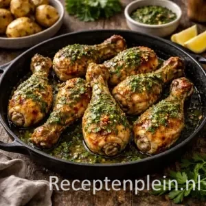 Kippenbout met kruidendressing op rustieke houten tafel