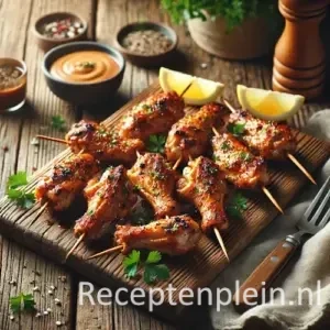 Kippenvleugeltjes aan een spies op rustieke houten tafel