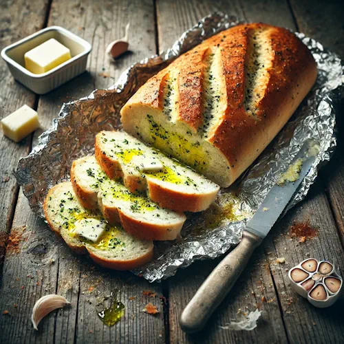 Knapperig knoflookbrood barbecue met kruidenboter op rustieke houten tafel