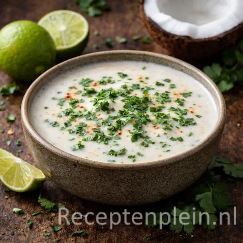Kokos limoensaus op een rustieke houten tafel.