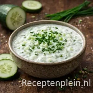 Komkommersaus op een rustieke houten tafel.