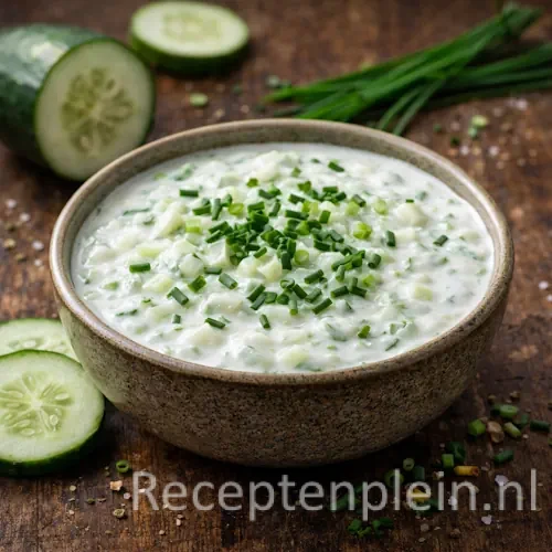 Komkommersaus op een rustieke houten tafel.