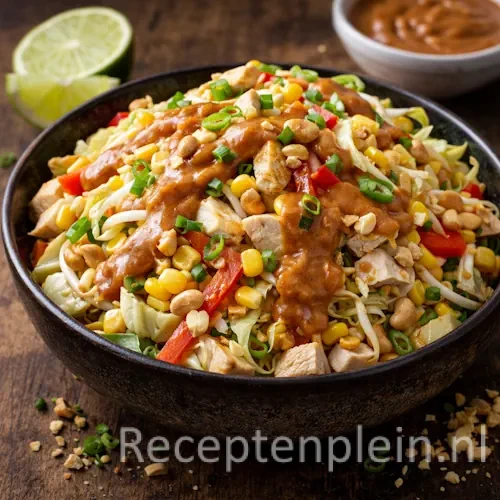 Koolsalade met maïs kalkoen pindasaus op een rustieke houten tafel.