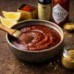 Koude barbecuemarinade op een rustieke houten tafel.