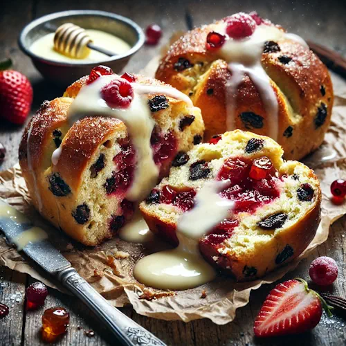 Krenten- of rozijnenbol met vers rood fruit op rustieke houten tafel