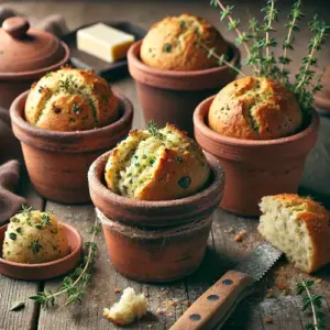 Kruidenbrood in terracotta potjes uit de oven op rustieke houten tafel