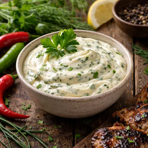 Kruidenmayonaise barbecue fris romig met verse kruiden op rustieke houten tafel