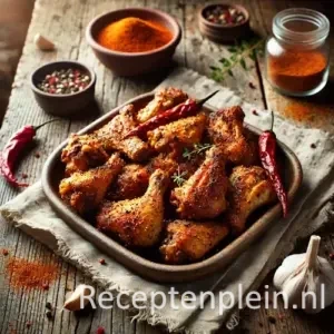 Kruidige kippenvleugeltjes op rustieke houten tafel