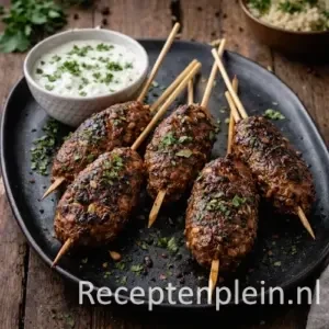Lamsgehaktspiesjes met kruidige yoghurtsaus op een rustieke houten tafel.