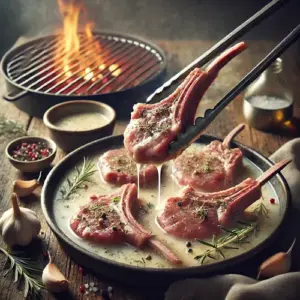 Lamskoteletten in karnemelkmarinade gegrild op barbecue met kruiden op rustieke houten tafel