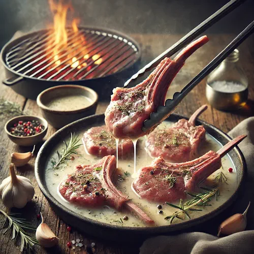 Lamskoteletten in karnemelkmarinade gegrild op barbecue met kruiden op rustieke houten tafel