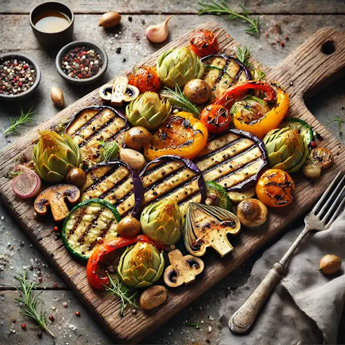 Lauwwarme geroosterde groentesalade met gegrilde groenten op rustieke houten tafel bij barbecue