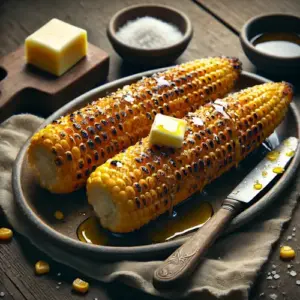 maïskolven barbecue kruidenboter op rustieke houten tafel met gesmolten boter en kruiden