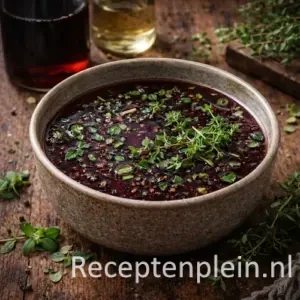 Marinade kalfsvlees BBQ op een rustieke houten tafel.