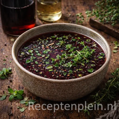 Marinade kalfsvlees BBQ op een rustieke houten tafel.