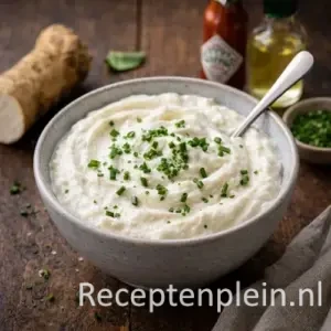 Mierikswortelsaus fris romig op een rustieke houten tafel.
