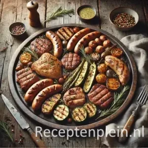 Mixed grill met verschillende gegrilde vleessoorten op een rustieke houten tafel