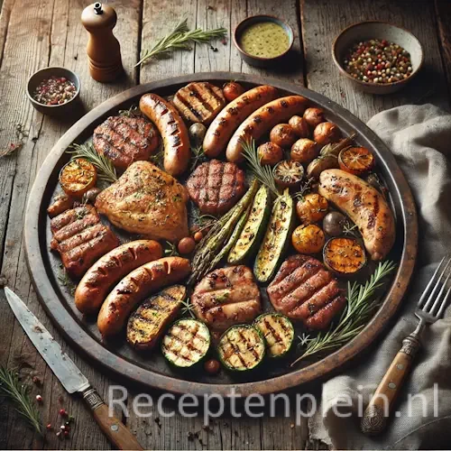 Mixed grill met verschillende gegrilde vleessoorten op een rustieke houten tafel