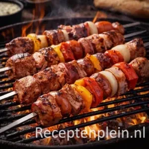 Mixed grill barbecue op een rustieke houten tafel.